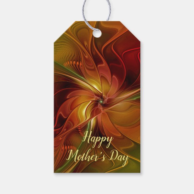 Abstrakt Red Orange Brown Grönt Fractal Art Flower Presentetikett (Framsidan)