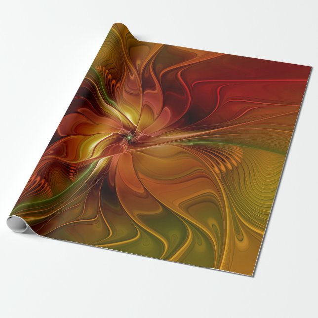 Abstrakt Red Orange Brown Grönt Fractal Art Flower Presentpapper (Utrullad)