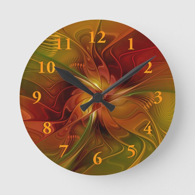 Abstrakt Red Orange Brown Grönt Fractal Art Flower Rund Klocka (Framsida)