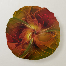 Abstrakt Red Orange Brown Grönt Fractal Art Flower Rund Kudde