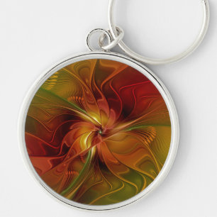 Abstrakt Red Orange Brown Grönt Fractal Art Flower Rund Silverfärgad Nyckelring