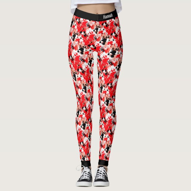 Abstrakt Red White Black Paint Splatter Mönster Leggings (Framsida)
