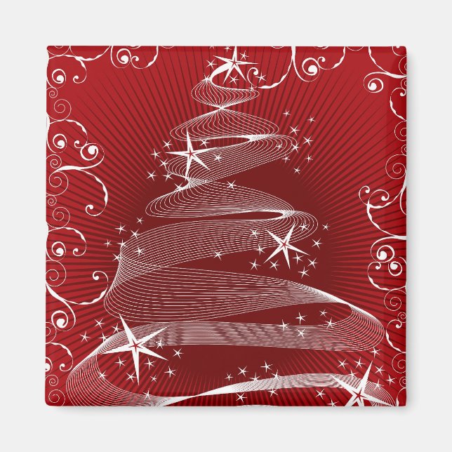 Abstrakt Red X'mas Träd och Swirls Helgdag Magnet (Framsidan)