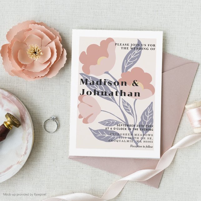 Abstrakt Retro Blommigt Rosa och blå Bröllop Inbjudningar (Skapare uppladdad)