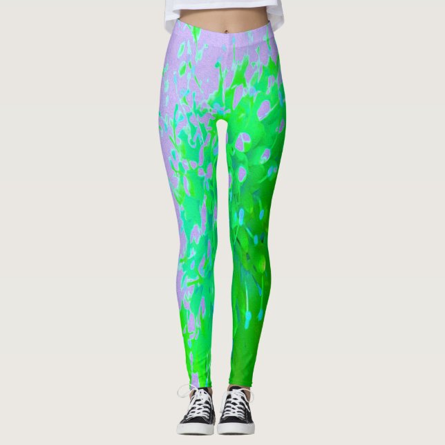 Abstrakt Retro Flower i Lavender and Lime Green Leggings (Framsida)