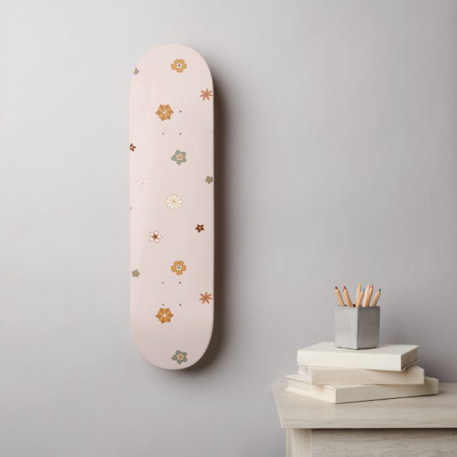 Abstrakt Retro Hippie Blommönster Baby Rosa Mini Skateboard Bräda 18,5 Cm (Väggkonst)