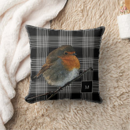 Abstrakt robin-fågel på svartvit plaid monogram kudde