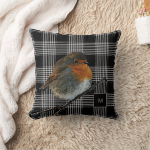 Abstrakt robin-fågel på svartvit plaid monogram kudde