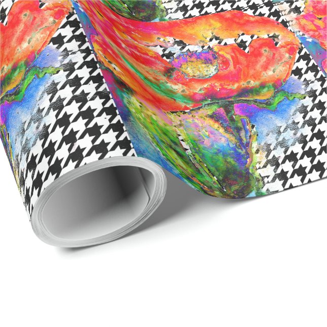 Abstrakt röd blommigt vattenfärghorhoundstooth mön presentpapper (Rullad Hörn)