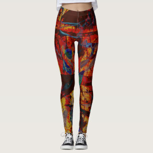 Abstrakt röd mönsterdesign, grön blått, gult leggings