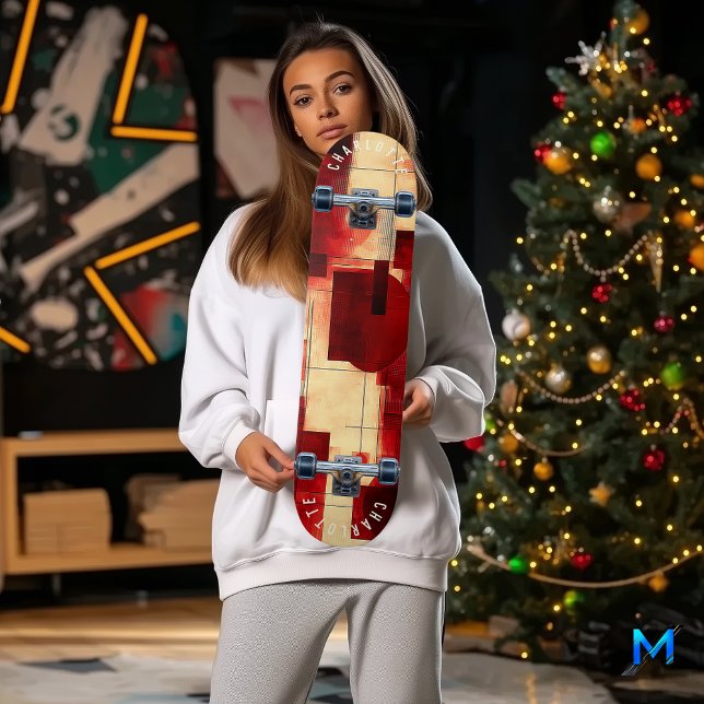 Abstrakt röd och beige geometrisk skateboarddäck mini skateboard bräda 18,5 cm (Skapare uppladdad)