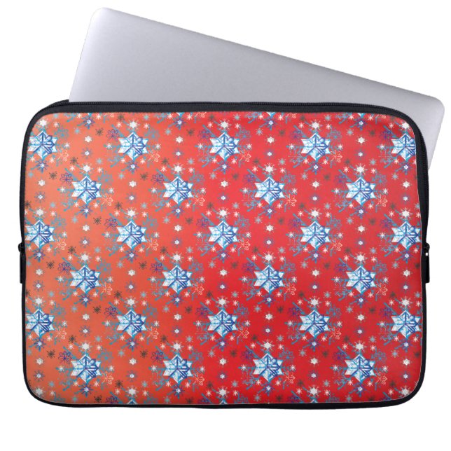 Abstrakt röd och blå jul snöflingor laptop fodral (Framsidan)