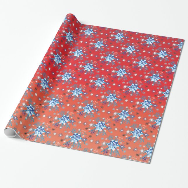 Abstrakt röd och blå jul snöflingor presentpapper (Utrullad)