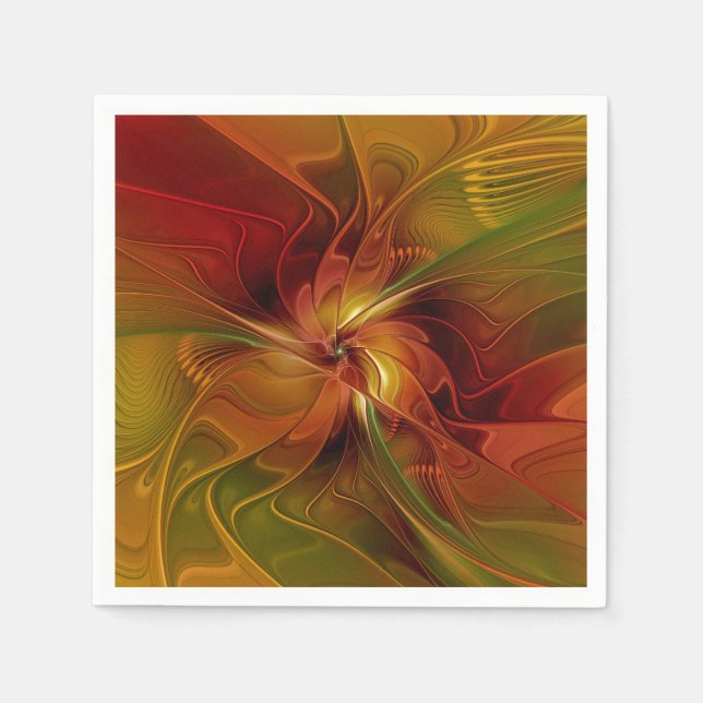 Abstrakt röd orange brun grön fraktal konst blomma pappersservett (Framsidan)