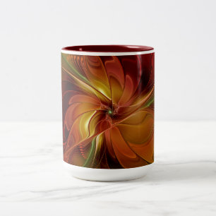Abstrakt röd orange brun grön fraktal konst blomma Två-Tonad mugg