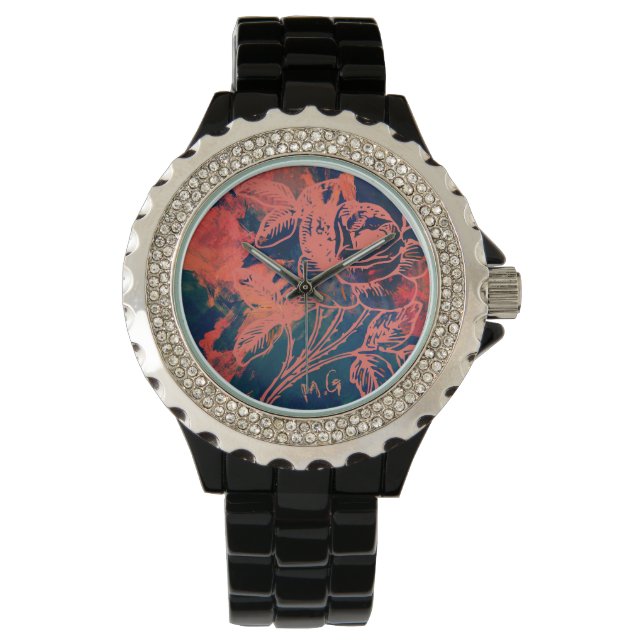 Abstrakt röd ros konstmonogram armbandsur (Framsida)