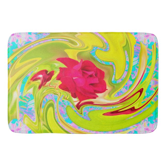 Abstrakt Röd ros om Gult och Aqua Swirl Badrumsmatta (Framsidan)