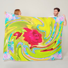 Abstrakt Röd ros om Gult och Aqua Swirl Fleecefilt