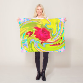 Abstrakt Röd ros om Gult och Aqua Swirl Fleecefilt