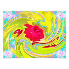 Abstrakt Röd ros om Gult och Aqua Swirl Fototryck