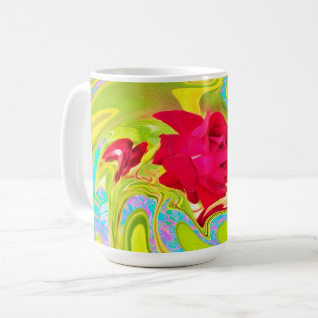 Abstrakt Röd ros om Gult och Aqua Swirl Kaffemugg (Framsida vänster)