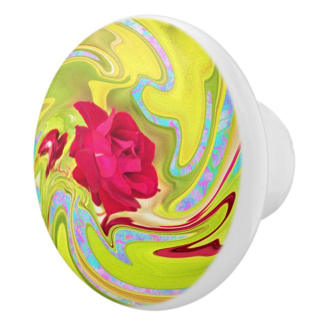 Abstrakt Röd ros om Gult och Aqua Swirl Knopp (Höger)