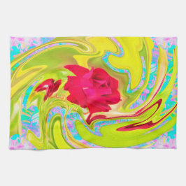 Abstrakt Röd ros om Gult och Aqua Swirl Kökshandduk