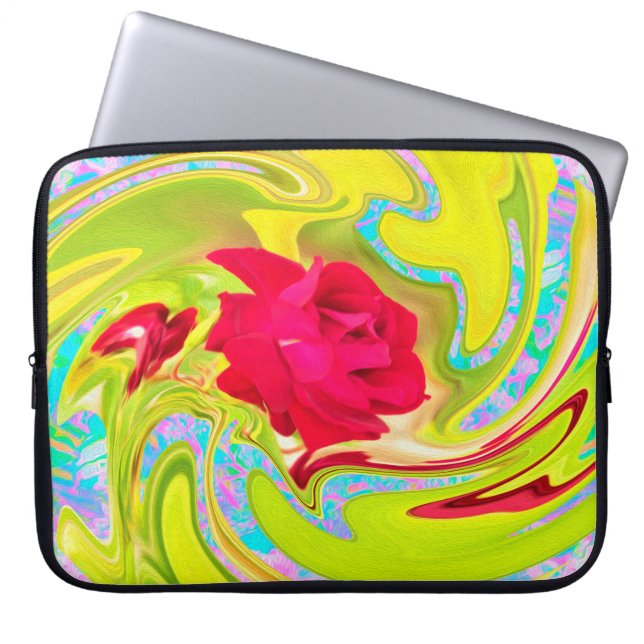 Abstrakt Röd ros om Gult och Aqua Swirl Laptop Fodral (Framsidan)