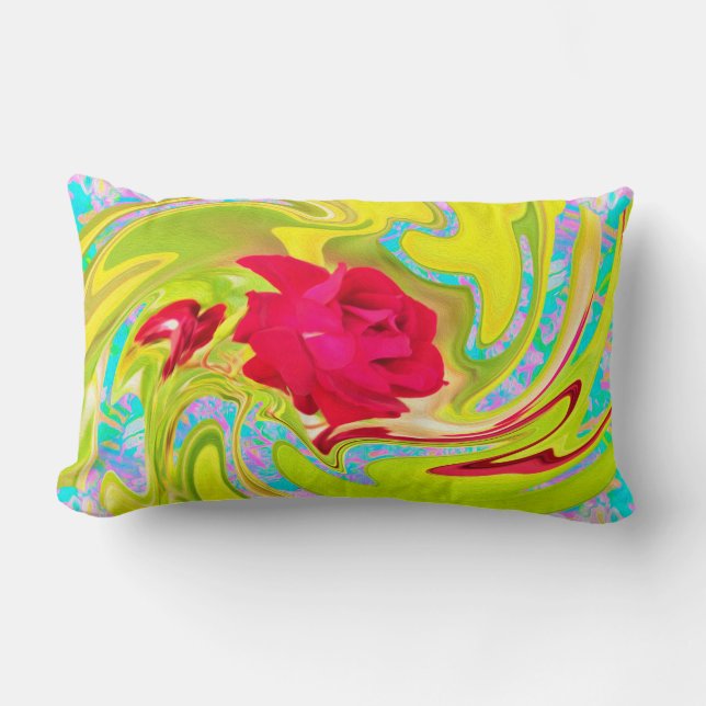 Abstrakt Röd ros om Gult och Aqua Swirl Lumbarkudde (Framsida)