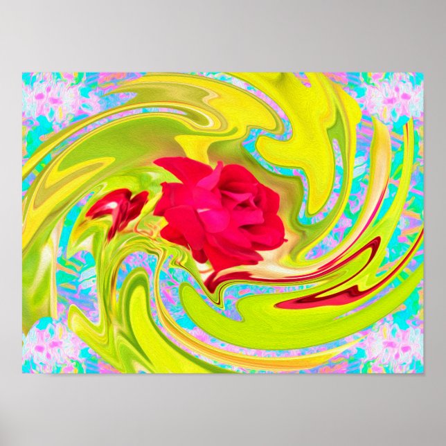 Abstrakt Röd ros om Gult och Aqua Swirl Poster (Framsidan)