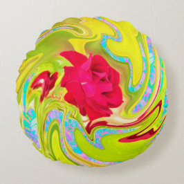 Abstrakt Röd ros om Gult och Aqua Swirl Rund Kudde