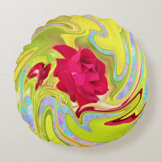 Abstrakt Röd ros om Gult och Aqua Swirl Rund Kudde (Framsidan)