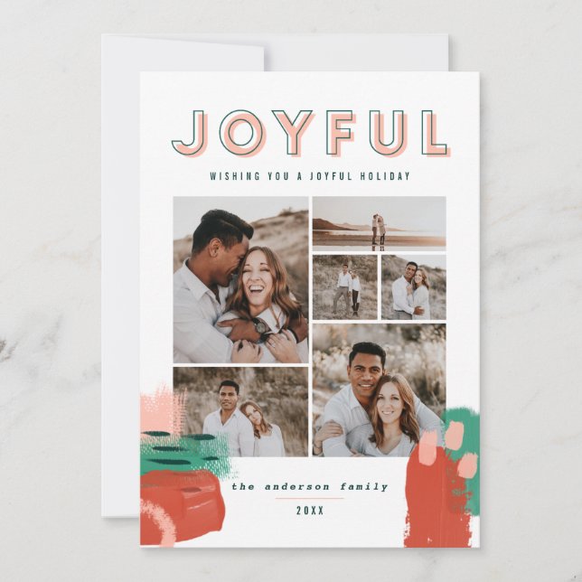 Abstrakt röd, rosa + grönt glatt multifotokort tack kort (Framsida)