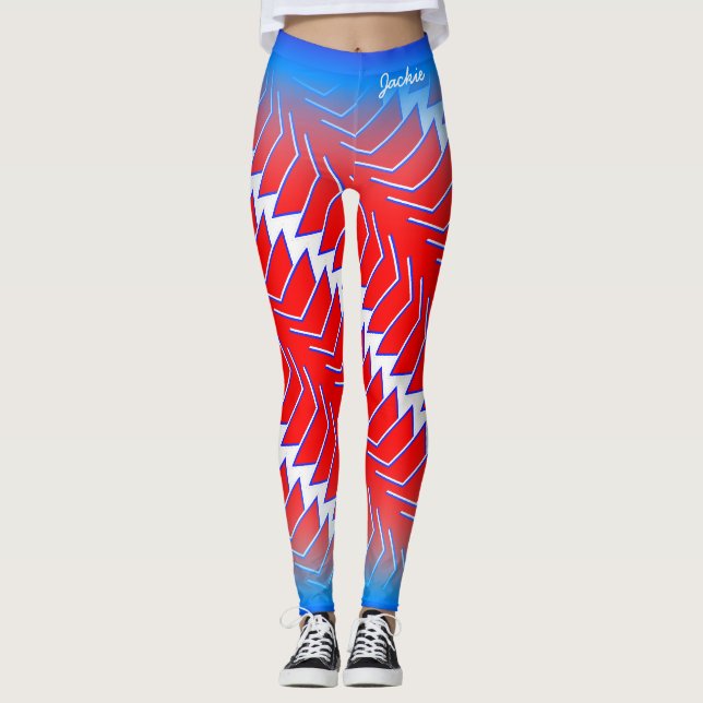 Abstrakt röd vit blå mönster med ditt namn leggings (Framsida)