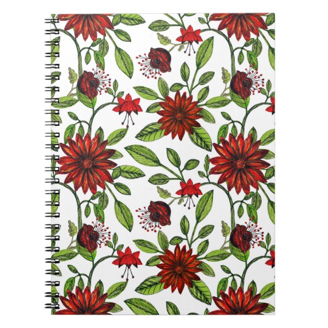 abstrakt rödblommor och grönt löv på vit bas anteckningsbok (Framsidan)
