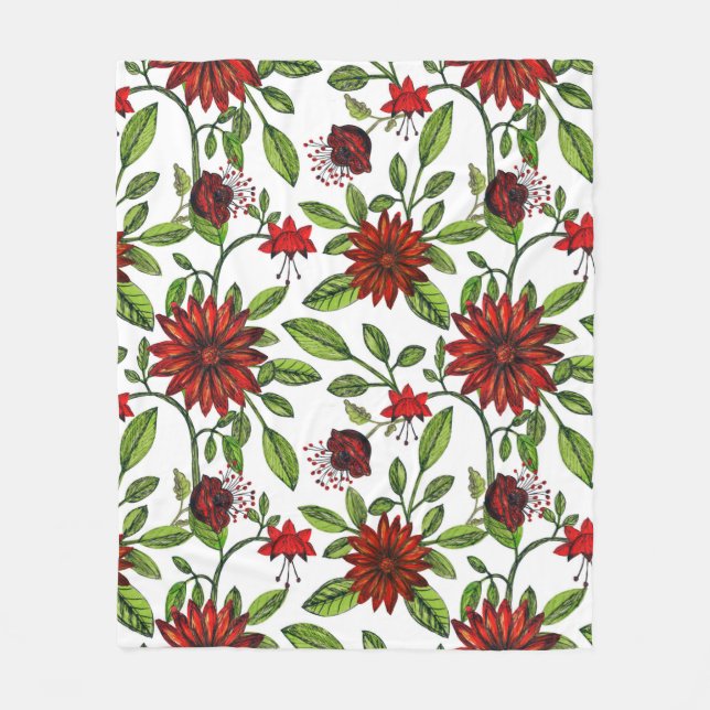 abstrakt rödblommor och grönt löv på vit bas fleecefilt (Framsidan)