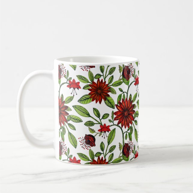abstrakt rödblommor och grönt löv på vit bas kaffemugg (Vänster)