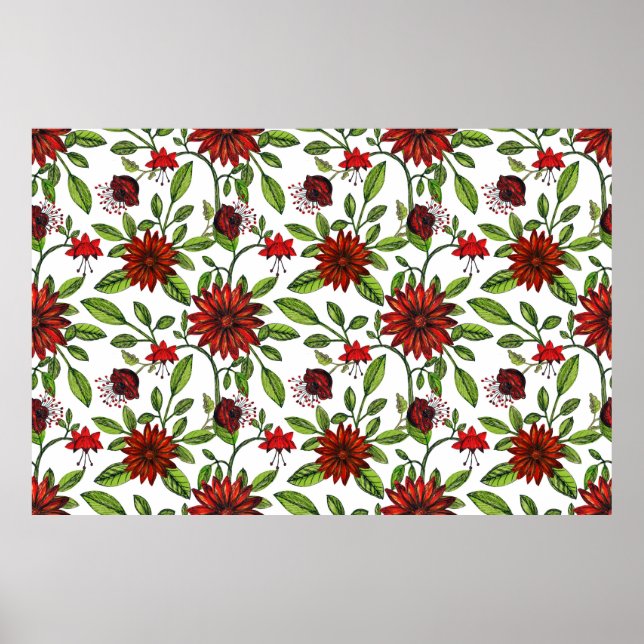 abstrakt rödblommor och grönt löv på vit bas poster (Framsidan)