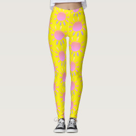Abstrakt Rolig Färgrik Rosa Solmönster På Gul Bakg Leggings