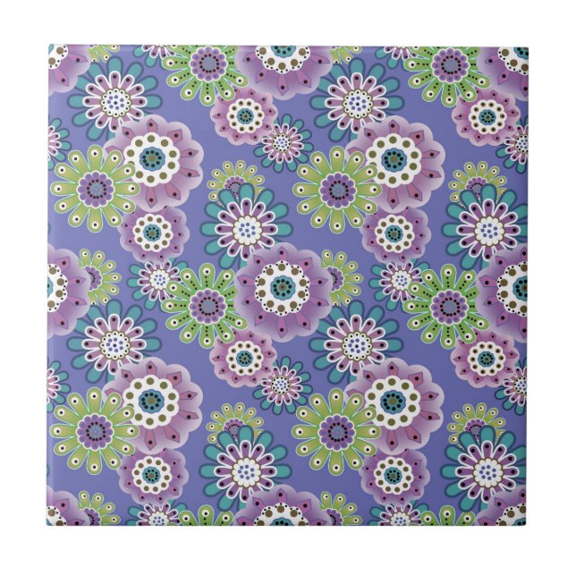 Abstrakt roligt tecknad blommor blommigt Children- Kakelplatta (Framsidan)