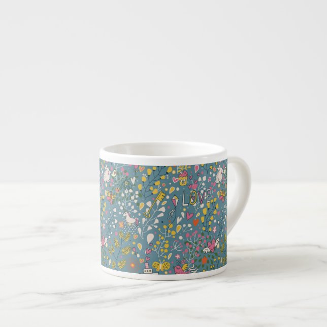 Abstrakt romantiskt mönster med tecknaden espressomugg (Framsida höger)