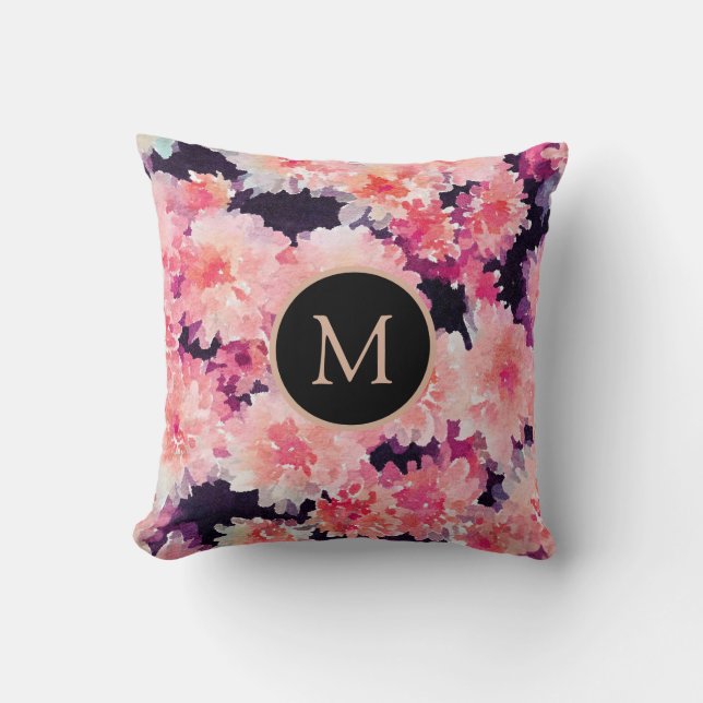 Abstrakt rosa blommigt chic  monogram kudde (Framsida)