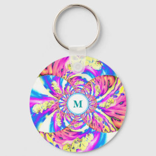Abstrakt rosa blue retro blommigt mandala monogram nyckelring