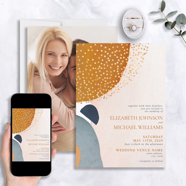 Abstrakt  Rosa Blue Terracotta Photo Bröllop Inbjudningar (Skapare uppladdad)