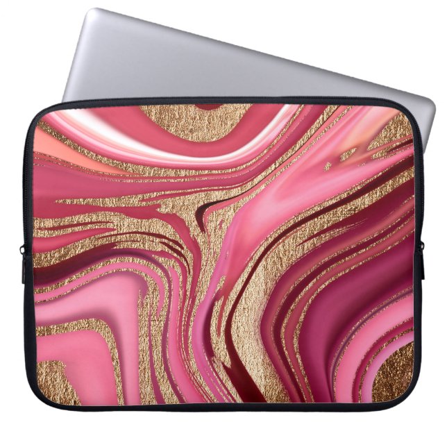 Abstrakt rosa flytande marmor med glitter guld laptop fodral (Framsidan)