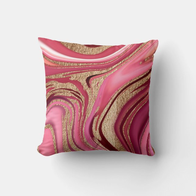 Abstrakt rosa flytande marmor med glitterguld kudde (Framsida)