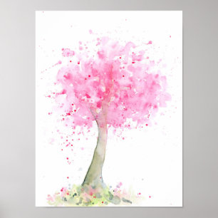 Abstrakt rosa körsbärsrött träd för vattenfärg poster
