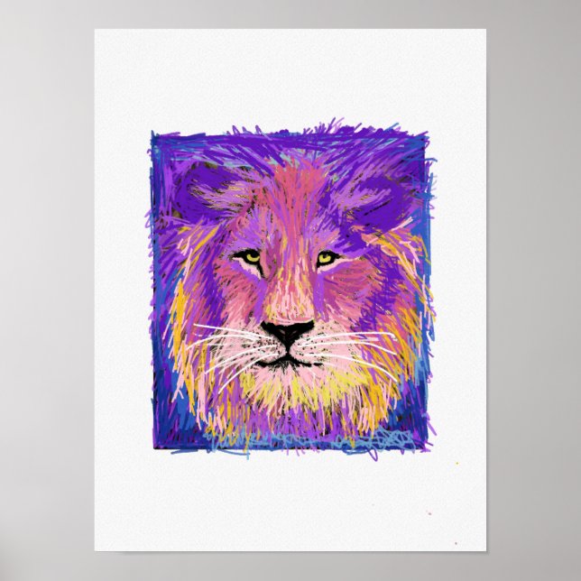Abstrakt Rosa Lila Gult Blue Lejon Portrat Poster (Framsidan)