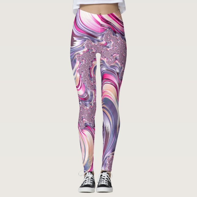 Abstrakt Rosa Lila Spiral Fractal Leggings (Framsida)