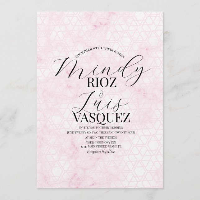 Abstrakt rosa marmor vigselmanus svart inbjudningar (Framsida)
